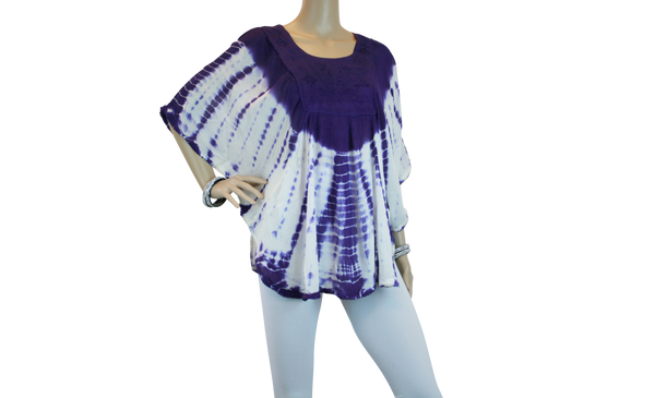 Womens Batik Embroidered Scoop Neck Batwing Poncho Blouse
