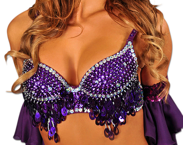 Sequin Cabaret Dance Costume Bra with Beaded Accents - TURQUOISE