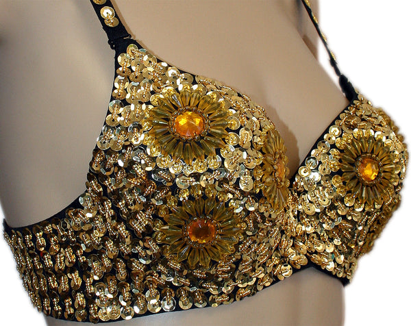 Sequin Cabaret Dance Costume Bra with Beaded Accents - YELLOW / GOLD