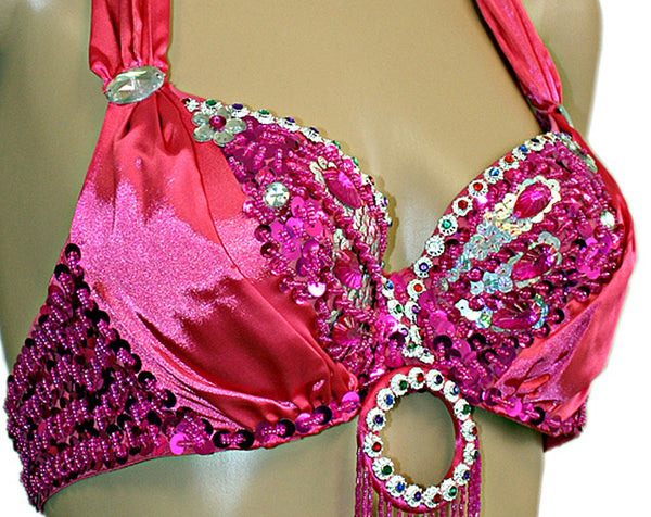 Hot Pink & Fuchsia Sequin Dance Costume Bra with Floral Design