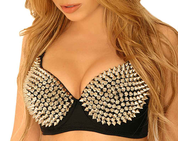 Silver And Gold Studded Spiky Bra With Matching Short Pants