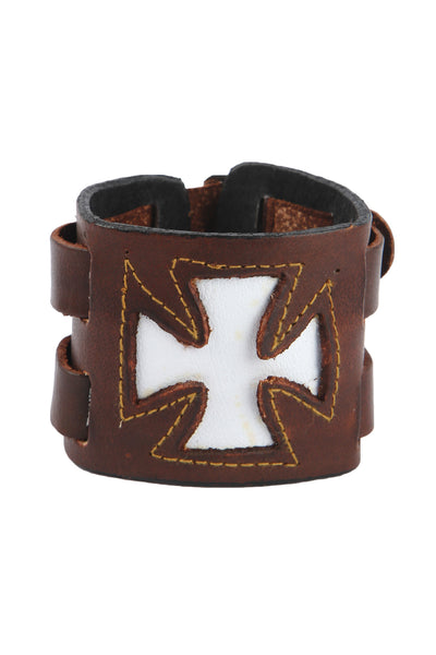 Punk fashion Geniune Leather Brown Cuff Bracelet with Victorian Cross Design