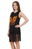 Black Sleeveless Butterfly T-Shirt with Fringe