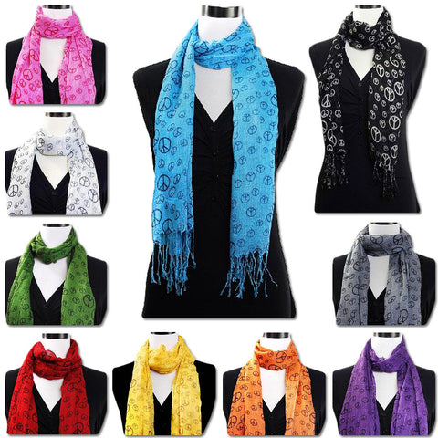 Lot of 100 Peace Sign Oblong Scarves Assorted Colors