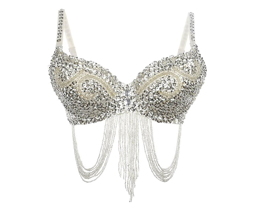 Tribal Glitter Sparkle Rhinestone Belly Dance Beaded Sequined Bra Top for  Rave Cabaret Party - Silver - C012CXLYALJ