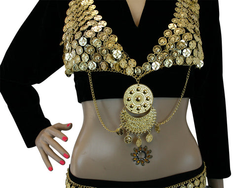 Hip Shakers Sexy Dangling Jewel Coin Bra Top and Coins Chains Belt
