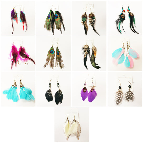 Women's Fashion Natural Feather Earrings Boho Jewelry Lot of 100 (Assorted colors/styles)