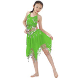 Kids Professional Belly Dance Halter top & Skirt Costume with Silver Coins