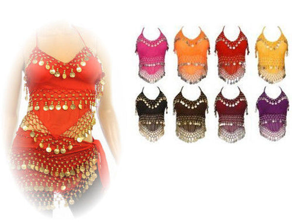 Womens Halter Camisole Belly Dance Top with Dangle Coins Lot of 100/ Assorted Colors, Silver and Gold Coins